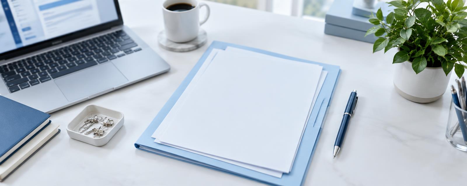 A bright office desk with document folders and a laptop